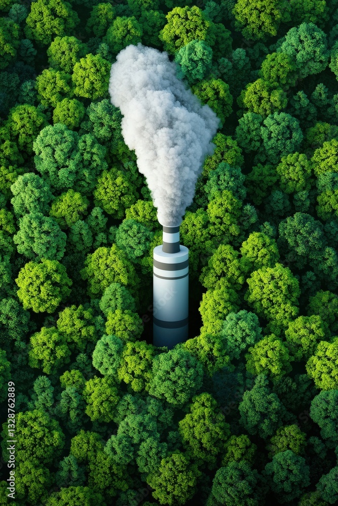 Poster a futuristic factory emitting zero pollution and surrounded by trees.