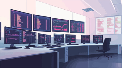 The image is a stylized digital illustration of a modern control room. The room features a long desk with multiple computer workstations, each equipped with large monitors displaying various