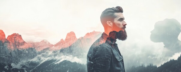 A man with a beard and mountains layered in portrait form