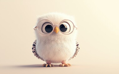 Fototapeta premium Baby owl wearing tiny glasses, sitting on a pastel cream background