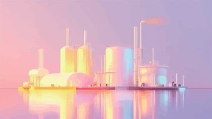Obraz premium A 3D rendering depicting a stylized industrial complex situated on a small island. The structures are rendered in pastel colors, predominantly pale yellows, oranges, and blues. The lighting is