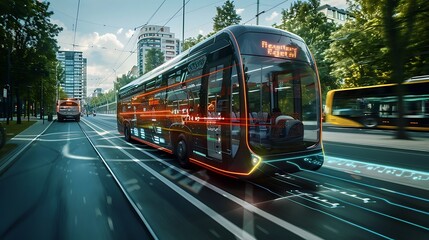 A high-tech public transport system with smart, eco-friendly buses and digital timetables.

