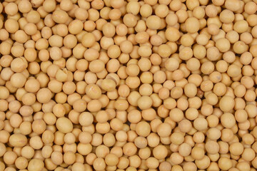 A close-up, top-down shot of a pile of dry soybeans filling the frame