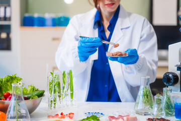 Middle-aged female laboratory worker wearing blue gloves conducts lab test on food ingredients...