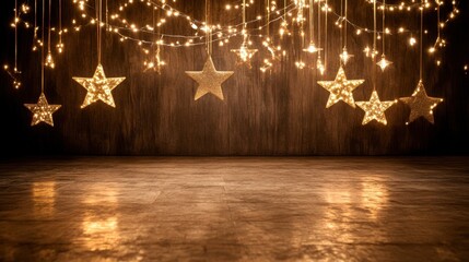 Wooden wall with decorative string lights hanging for ambient lighting and home decor