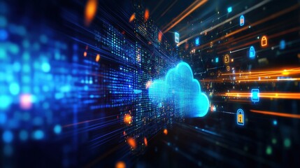 Obraz premium Digital transformation event secure cloud technology trends virtual space infographic futuristic design perspective