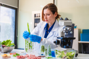 Middle-aged female laboratory worker wearing blue gloves conducts lab test on food ingredients...