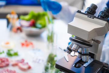 Middle-aged female laboratory worker wearing blue gloves conducts lab test on food ingredients lettuce, cucumber, pork. Using microscope, she analyzes nutrients, preservatives, food safety records.