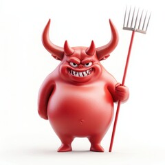 Obraz premium Chubby devil with horns and holding a pitchfork, isolated on a pure white background