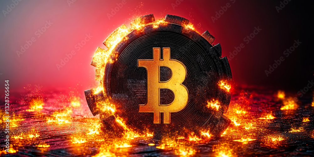 Poster bitcoin with flames and sparks: cryptocurrency crisis and symbolic representation of bitcoin decline