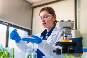 Middle-aged female laboratory worker wearing blue gloves conducts lab test on food ingredients...