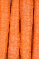A close-up, top-down shot of several whole carrots lined up vertically, highlighting their vibrant...
