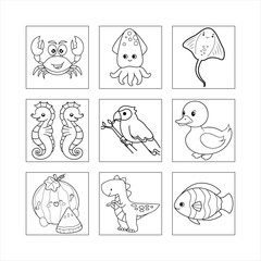Cartoon vector set of animal icons and zodiac signs, funny animal sketch illustration