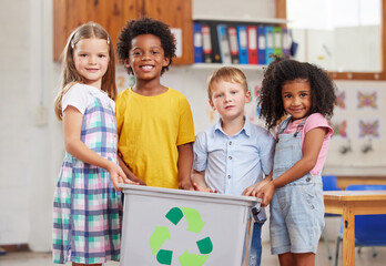 Education, portrait and recycling bin with student children in class for climate change awareness. Campaign, conservation or environment with smile of boy and girl kids in school for global warming