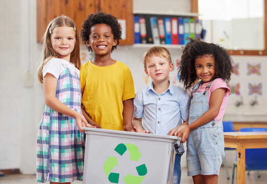 Education, portrait and recycling bin with student children in class for climate change awareness. Campaign, conservation or environment with smile of boy and girl kids in school for global warming - Powered by Adobe