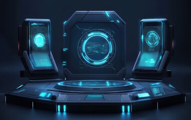 Futuristic tech podium with holographic displays and sleek design