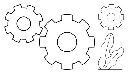 Two large gears and a smaller gear in clean line art style, accompanied by a decorative plant. Ideal for teamwork, mechanics, process, innovation, engineering, growth, productivity and flat simple