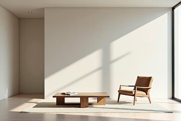 Minimalist modern interior with clean lines and simple furniture, embodying serene simplicity and functional elegance.