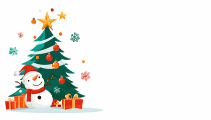 Festive snowman by decorated tree with gifts