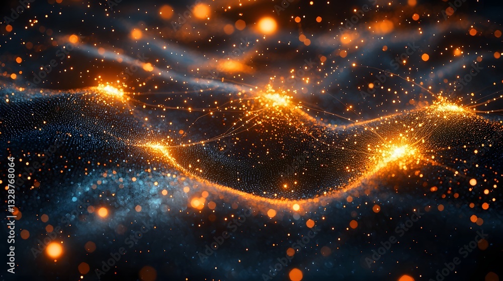 Poster glowing quantum network spanning through abstract digital space for instantaneous data transfer