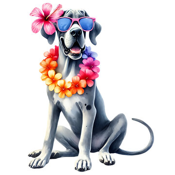 great dane dog wearing red sunglasses with star reflections and a colorful floral necklace, smiling with a hibiscus flower on the ear, tropical summer vacation with a pineapple
