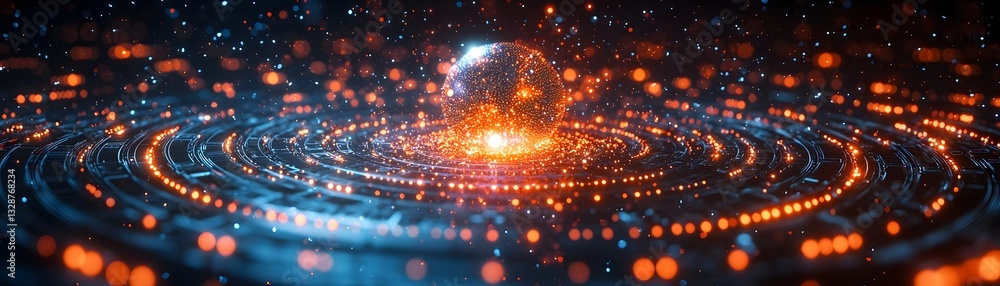 Poster glowing quantum computer surrounded by entangled particles representing the heart of the quantum int