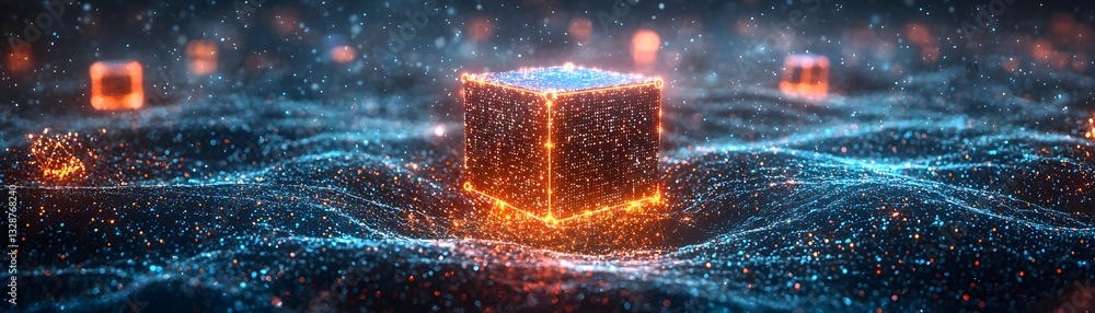 Poster symbolic quantum computer surrounded by glowing entangled particles representing the heart of the qu