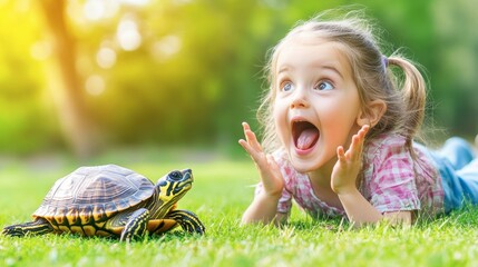 Little girl playing with a turtle in a sunny garden during daytime