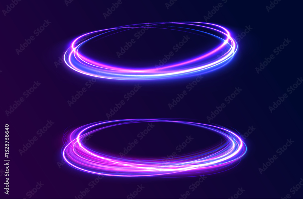 Poster ethereal light portals: a mesmerizing array of vibrant neon ovals and swirling energy loops that res