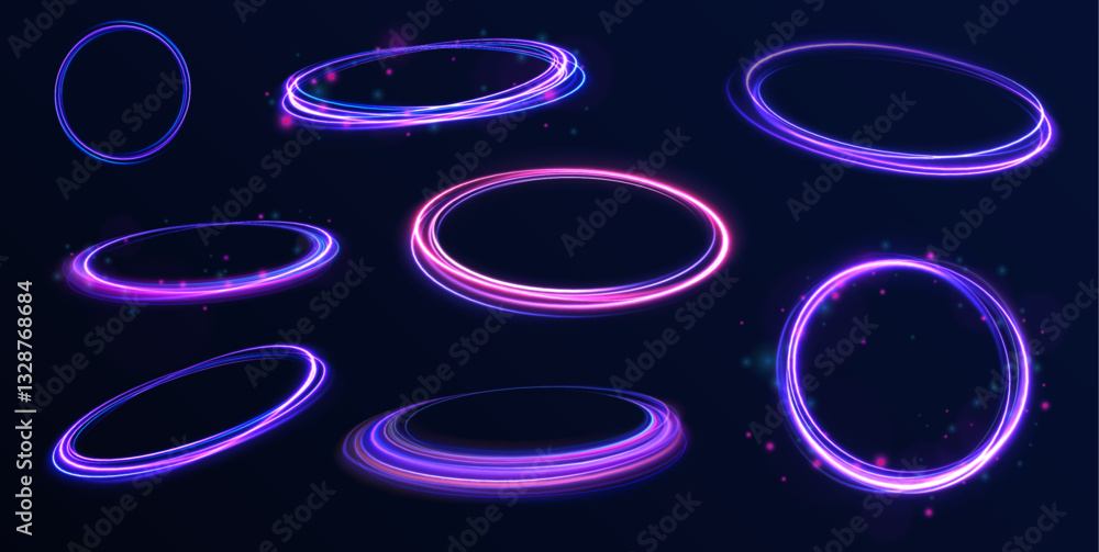 Poster ethereal light portals: a mesmerizing array of vibrant neon ovals and swirling energy loops that res