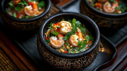 Indulge in the exquisite flavors of Thailand with this aromatic shrimp soup, a culinary journey featuring succulent shrimp, fragrant exotic herbs, and a tantalizing touch of chili oil Served in a
