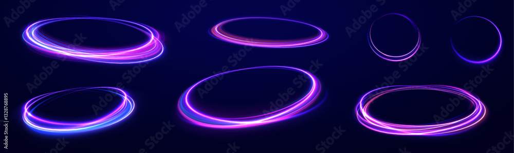 Poster ethereal light portals: a mesmerizing array of vibrant neon ovals and swirling energy loops that res