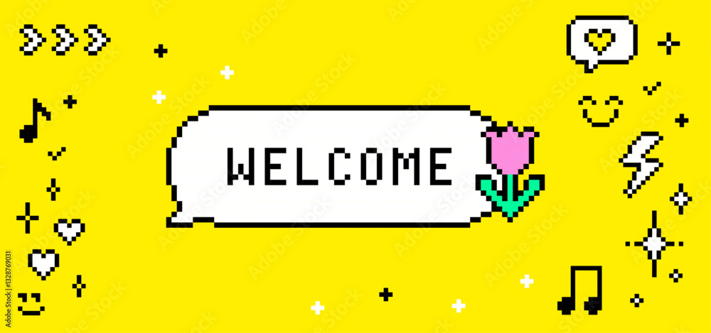 Poster pixel dialogue box text saying welcome with flower and sparkles pattern. 8 bit retro style vector ba