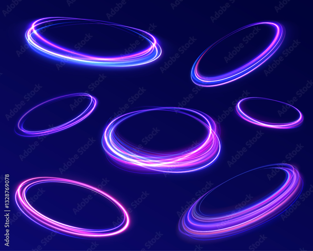 Poster ethereal light portals: a mesmerizing array of vibrant neon ovals and swirling energy loops that res