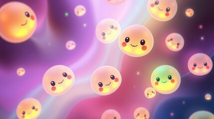 Obraz premium Cute Cartoon Character Orbs Floating in a Dreamy Colorful Gradient Backdrop