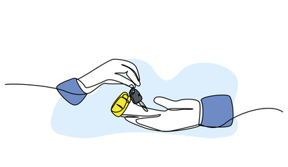 Vector illustration of  receiving car keys. Modern flat in continuous line style.