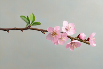 Flowering Branch with Pink Blossoms and New Leaves Spring Season