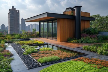 Rooftop Oasis: Modern Pavilion Nestled in Lush Garden with City Skyline Backdrop, Featuring Reflecting Pools, Wood Decking and Diverse Plantings creating an Urban Sanctuary.