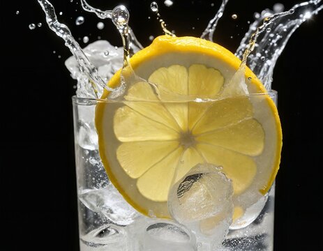 Fresh lemon slice splashing into a glass filled with ice cubes and clear fizzy drink against a dark background creating dynamic water droplets.
