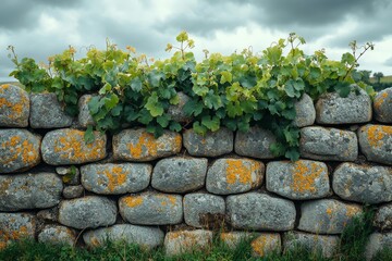 Rustic Stone Wall Adorned with Vibrant Vine Leaves Against a Cloudy Sky: A Blend of Natural Textures and Organic Growth in Pastoral Setting