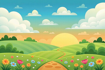 Obraz premium Sunrise over rolling hills with a path through colorful flowers