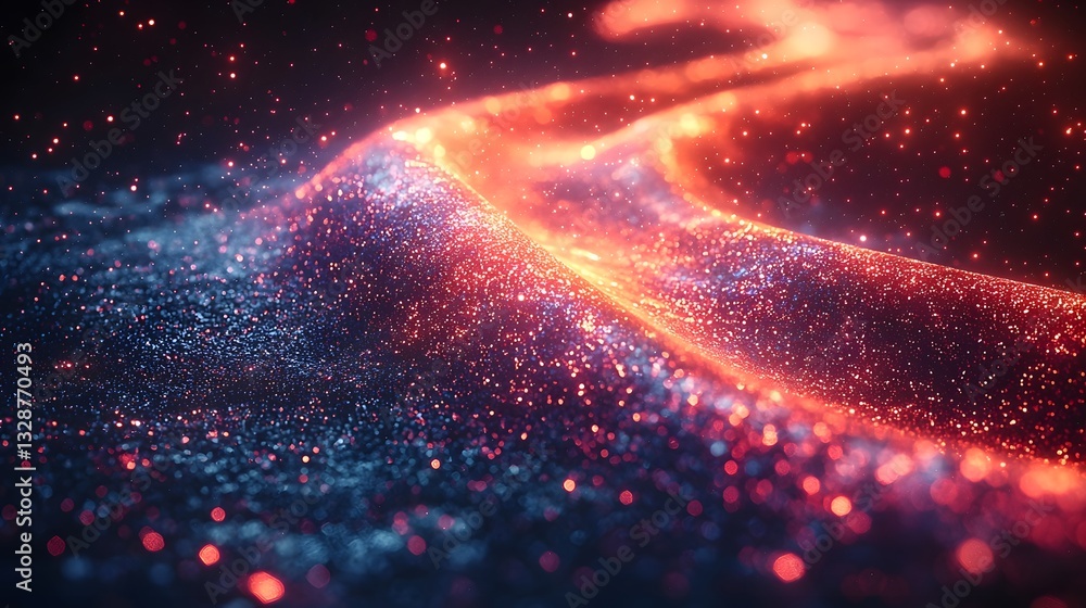 Poster symbolic glowing quantum particle bridge connecting two lands representing quantum internet concept