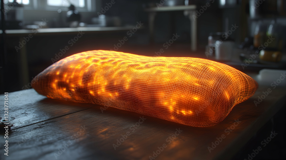 Aufkleber glowing, textured object resembling a pillow rests on a dark wooden surface in a dimly lit room. int