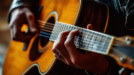 Fototapeta premium A musician skillfully plays an acoustic guitar with focused hands in a warm, inviting indoor space during the evening. The soft lighting adds a relaxed atmosphere to the performance