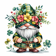 Whimsical St. Patrick’s Day Gnome with Floral Hat Festive Lucky Irish Dwarf Illustration