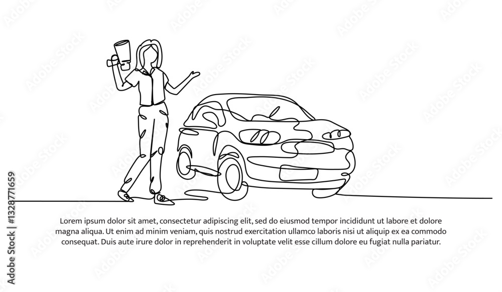 Poster continuous one line design of a mechanic with a blue car. minimalist style vector illustration on wh
