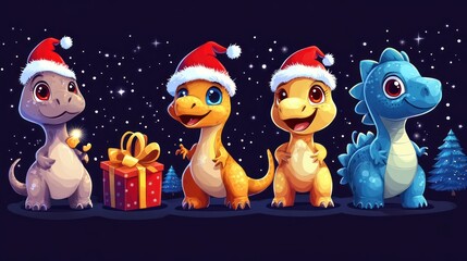 Four cute cartoon dinosaurs wearing Santa hats celebrate Christmas with a gift. Night scene with snow.