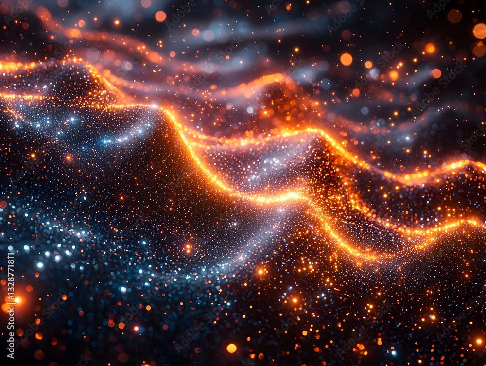Poster visionary holographic network glowing with quantum entangled particles revolutionizing communication