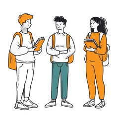 Three students converse, standing close to each other, holding books, against a simple, white background isolated on white or transparent png