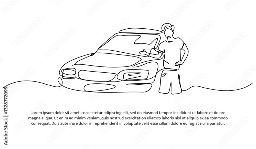 Poster continuous one line design of casual man with blue car. minimalist style vector illustration on whit